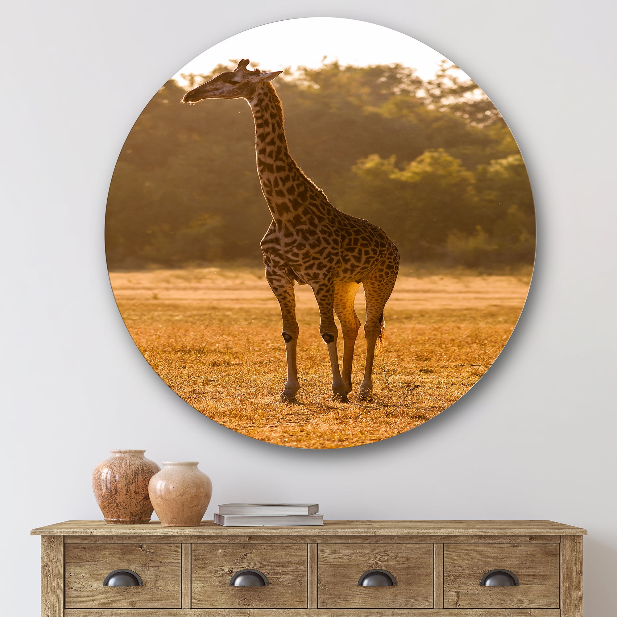 Designart 'African Giraffe In The Wildlife II' Farmhouse Circle Metal Wall Art 36x36 - Disc of 36