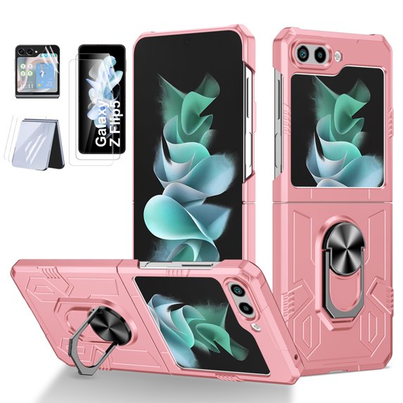Allytech Galaxy Z Flip5 Case with 2 Set (6 Pcs) Screen Protector, Military Grade Protective Ring Holder Stand Shockproof Compatible with Car Mount Mangetic Case Cover for Samsung Galaxy Z Flip 5