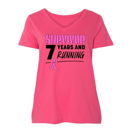 

Inktastic Breast Cancer Survivor 7 Years and Running with Pink Ribbon Women s Plus Size V-Neck