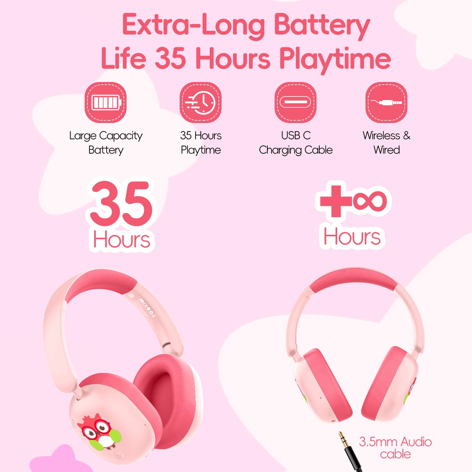 LOBKIN Kids Headphones,Bluetooth 5.4,Over Ear Kids Headphones with Mic 35H Playtime 85dB Safe Volume Limited Foldable Design for Girls Travel/School/Tablet (Pink)