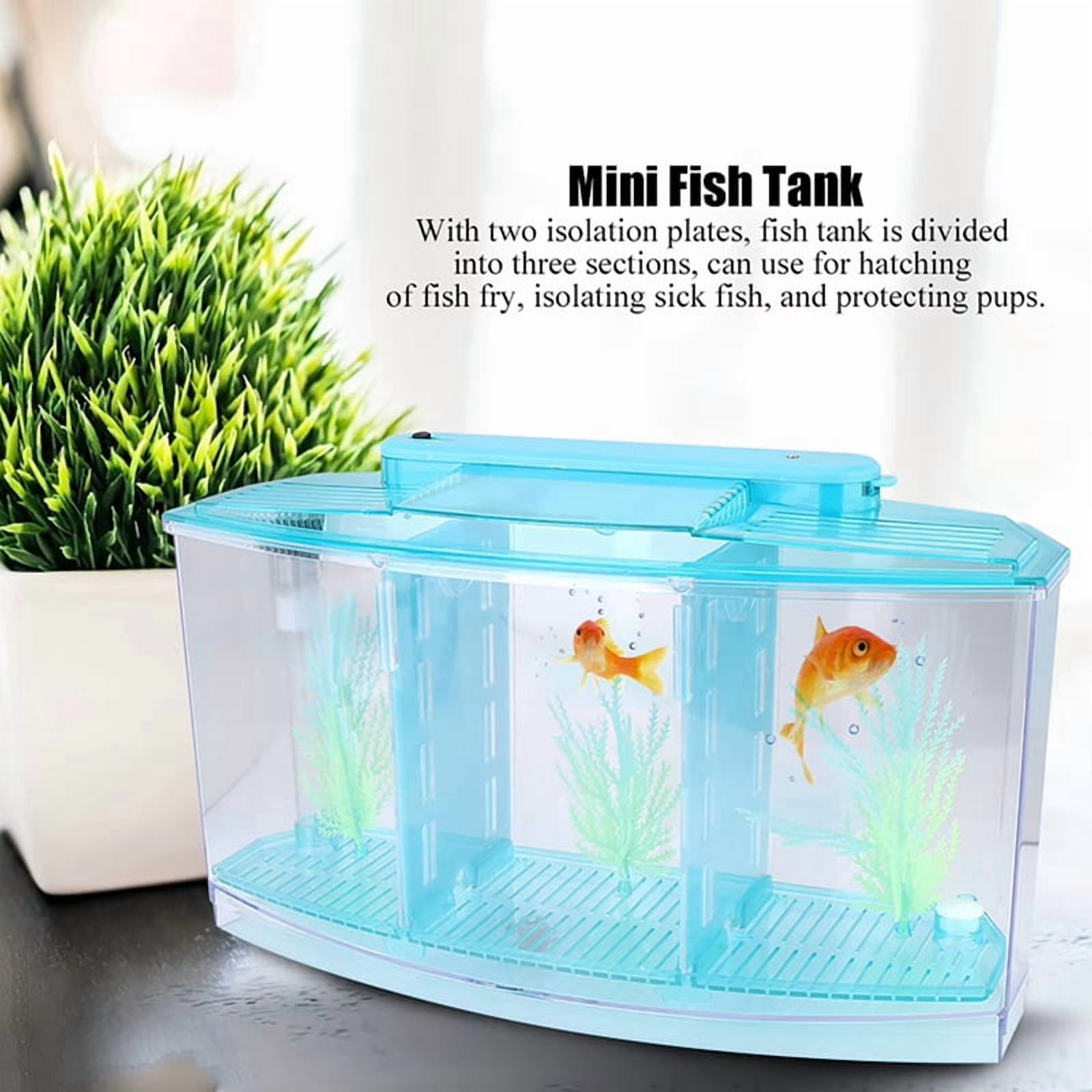 Mini Breeding Fish Tank Aquarium Fish Tank LED Acrylic Three Divisions Breeding Isolation Box for Small Fishes Blue
