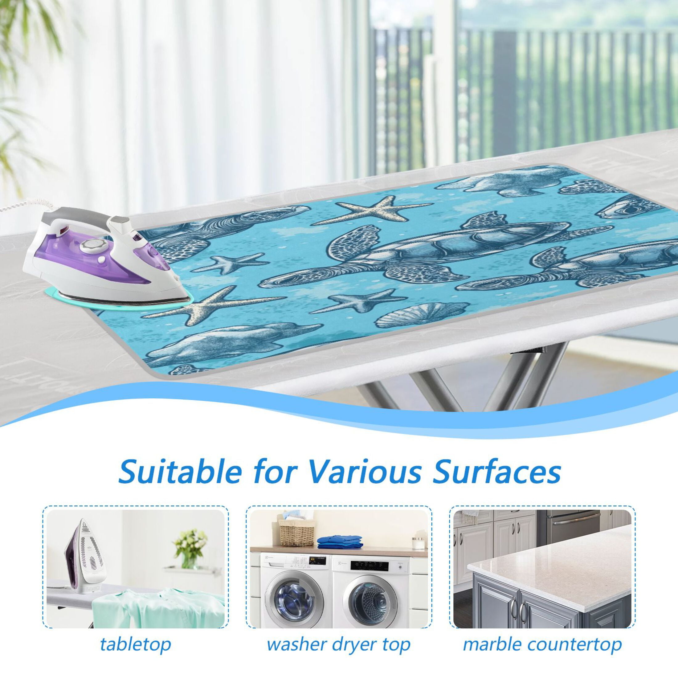 Ironing Mat Portable Ironing Blanket for Table Top Travel Ironing Pad for Washer Dryer 27.6" x 47.2" Sea Turtles and Starfish Pattern