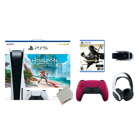 Sony Playstation 5 Disc Horizon Forbidden West Bundle with Extra Cosmic Red Controller, White PULSE 3D Headset, Ghost of Tsushima Director's Cut and Camera
