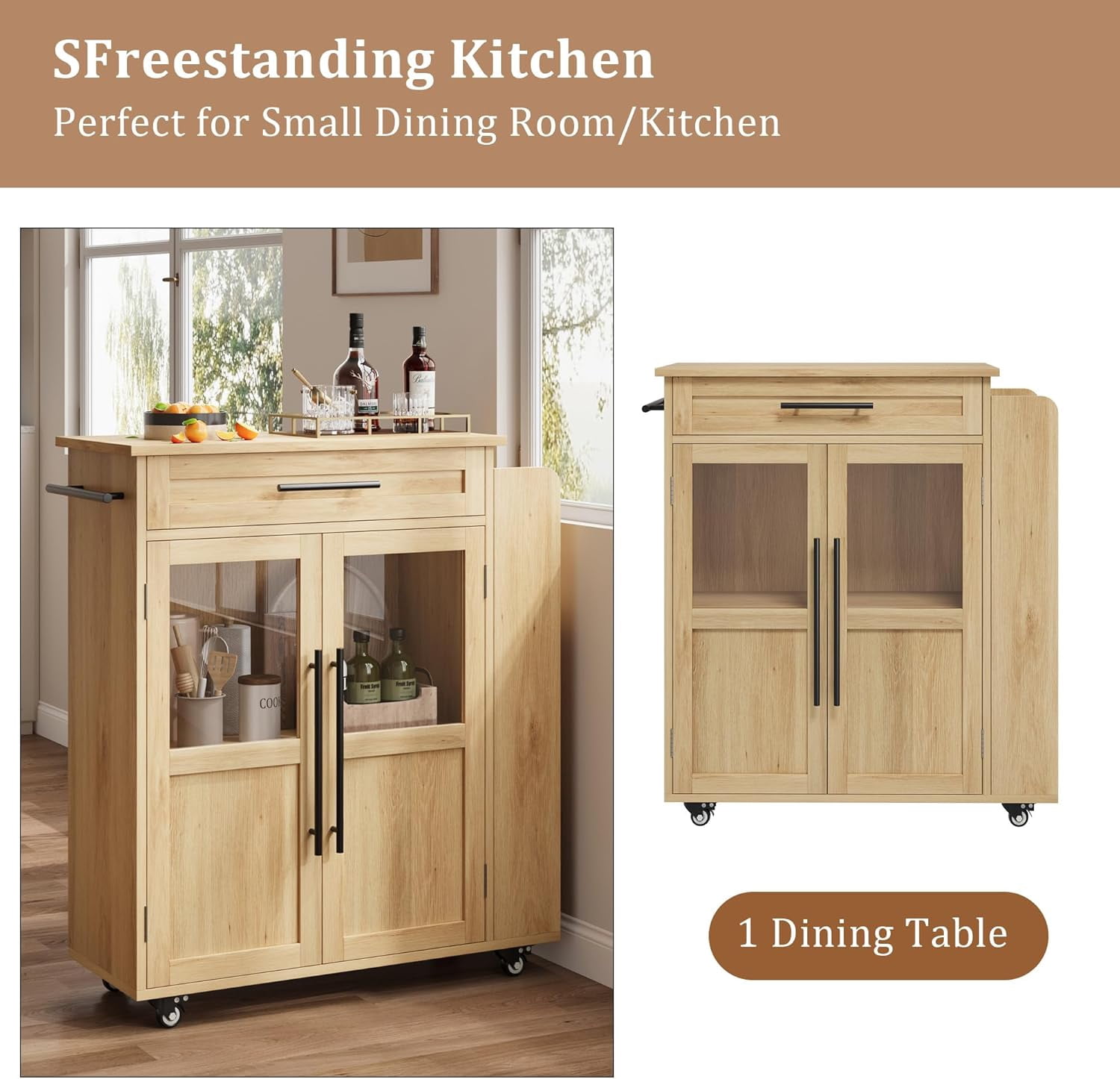 WALYWIK Rolling Wooden Kitchen Island with Drawer, Kitchen Cart with Storage Cabinet on Wheels, Thicker Wooden Top Portable Trolley Island with 3 Spice Rack for Kitchen, Dining Room, Natural Oak