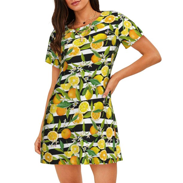 Disketp Orange and Lemon para Camisón Corto de Manga Corta para Mujeres, Camisón Cómodo con Escote Redondo, Bonito y Confortable