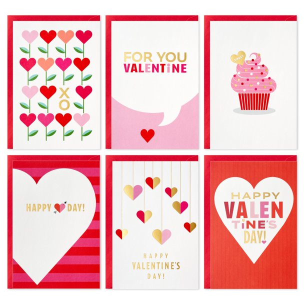 Tarjetas de San Valentín Hallmark, paquete de 36, rosa, rojo y foil dorado