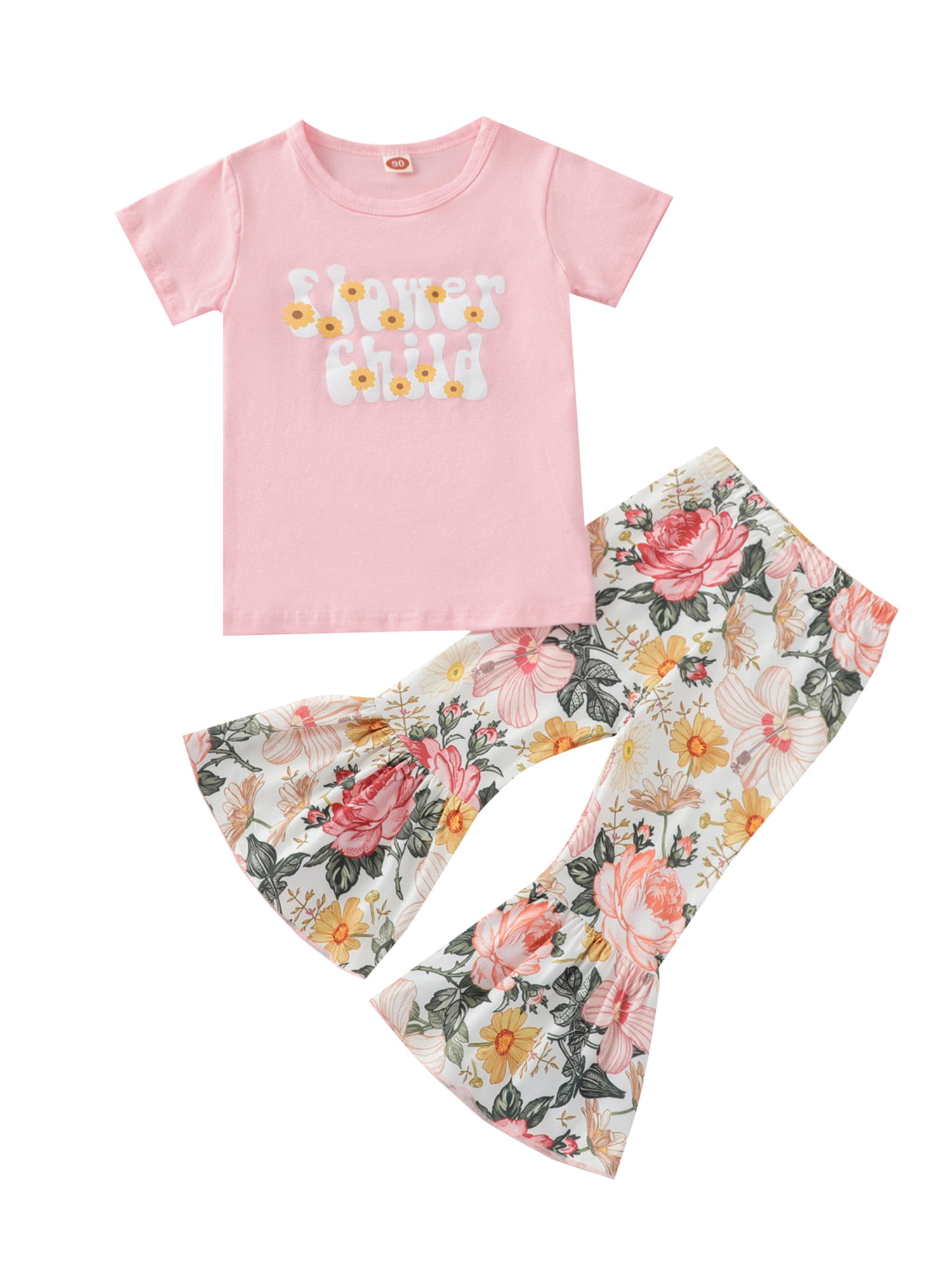 Baby Girls Outfits Kids Ruffle Letter Print Short Sleeves top+Floral Print Bell Bottom Pant 2Pcs Summer Clothes