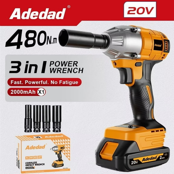 1/2 Power Impact Wrench 480N.m Impact Gun Cordless Electric Impact Driver with 2xBattery and Charger Include 17/19/20/21mm Sockets and 5 inch Extension Rod