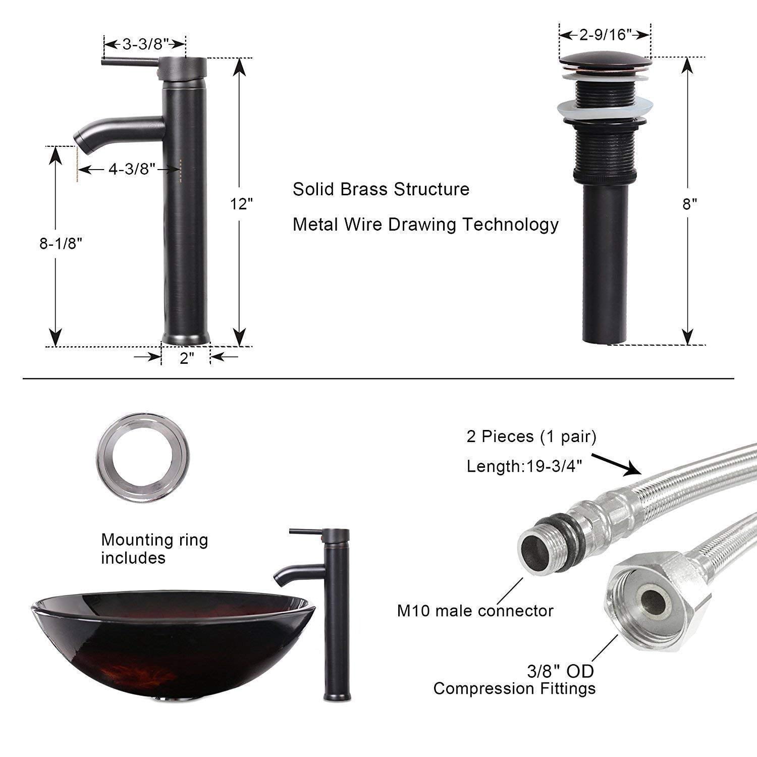 Eclife 24" Black Bathroom Vanity Set with Wood Top, Brown Glass Sink, Water Saving Faucet, Pop up Drain Combo