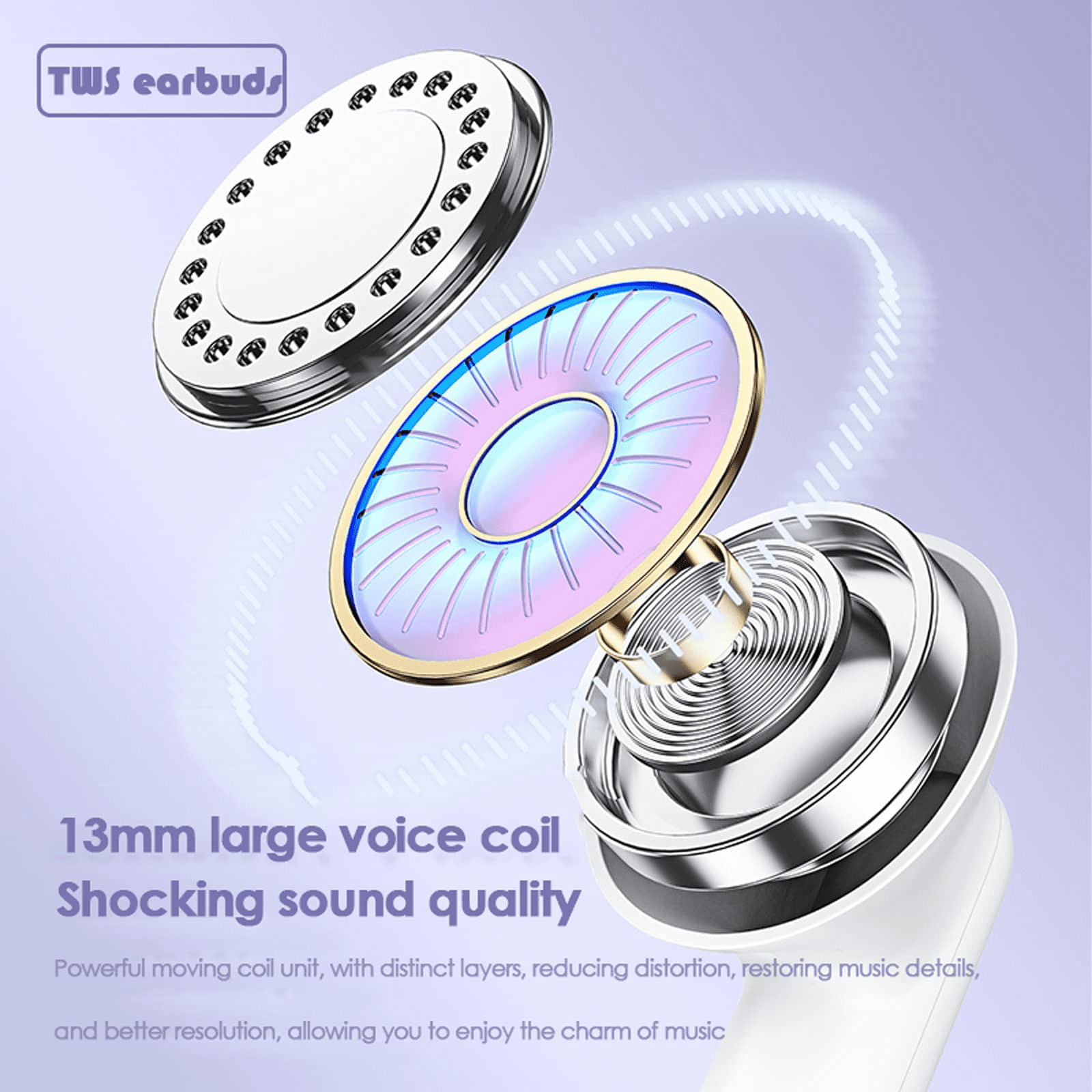 True Wireless Earbuds Purple Bluetooth 5.3 with Microphone for Working Out Noise Canceling Blue Tooth Ear Buds Deep Bass TWS Wireless Earphones with Charging Case in Ear Headphone for iPhone Android