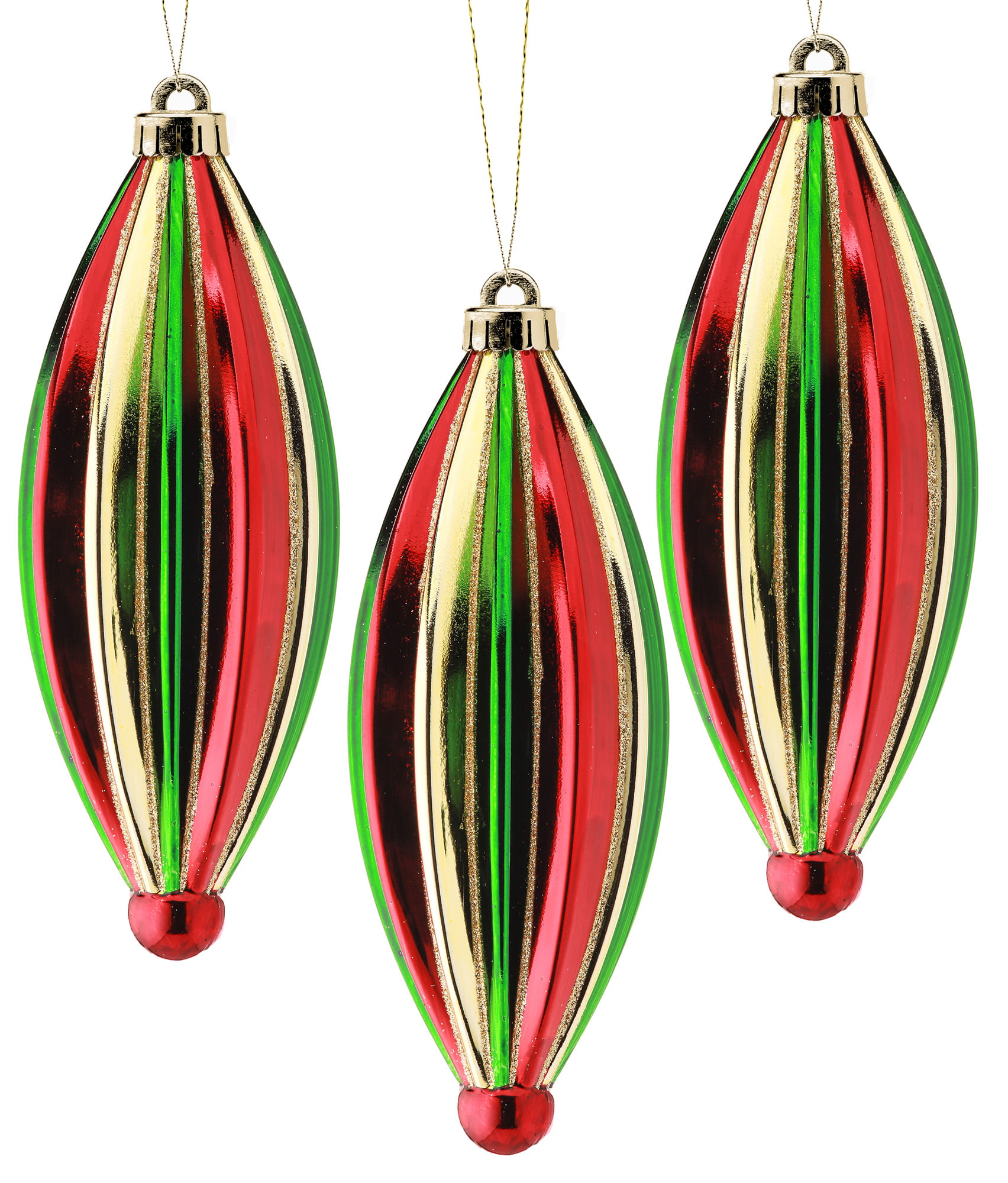 Green,gold,red metallic thread spun Christmas 5 bauble ornaments Vintage