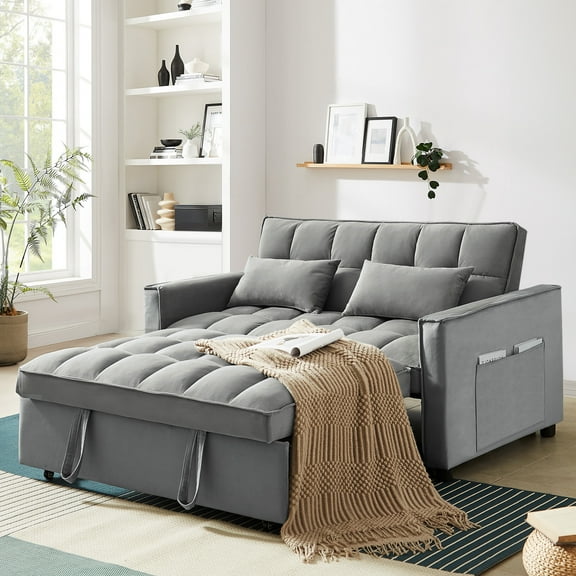 Lunale 3 in 1 Convertible Futon Pull Out Sofa Bed, 55" Velvet Sleeper Loveseat, Gray