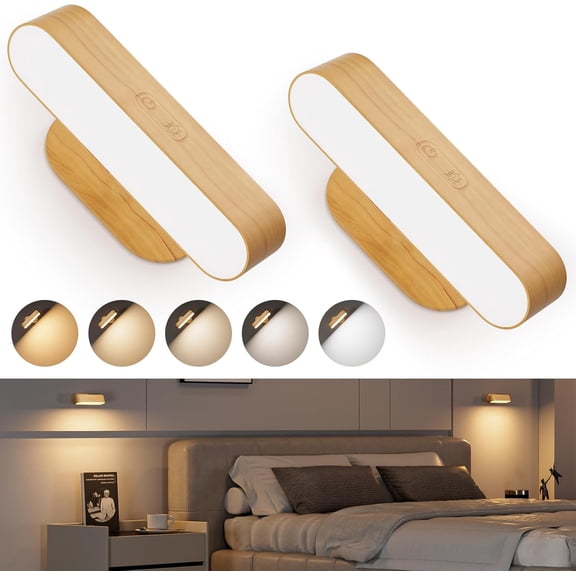 Battery Operated Wall Sconces Set of 2, Wooden Rechargeable Wall Lights for Bedroom with 5 Color Temperatures, Magnetic Stick-On Design, Dimmable Wall Reading Lamps