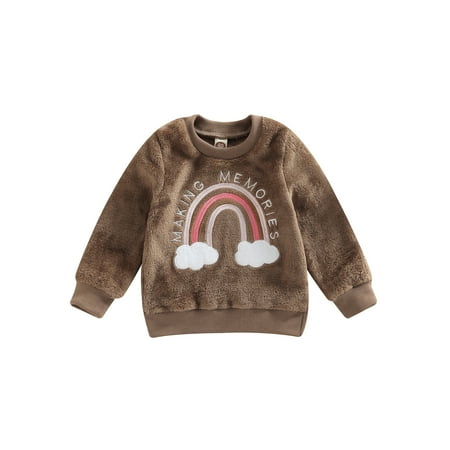 

Frobukio Infant Baby Girls Sweatshirt Tops Long Sleeve Letter Rainbow Crown Pattern Patchwork Pullover Tops Coffee 12-18 Months