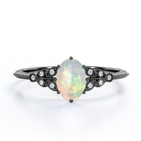 1 Carat Oval Cut White Opal And Moissanite - Milgrain Edge - 8 Prong Cathedral - Cluster Engagement Ring - 18K Black Gold Plating Over Silver