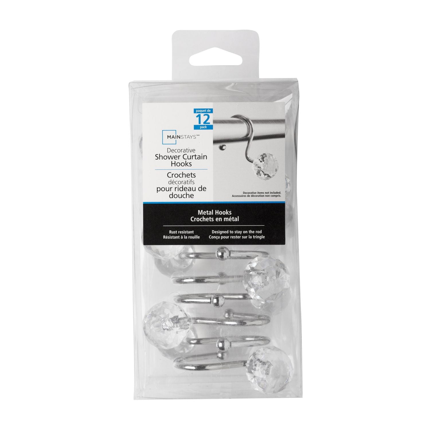 Mainstays Crystal Ball Metal Shower Curtain Hooks, Chrome, Set of 12