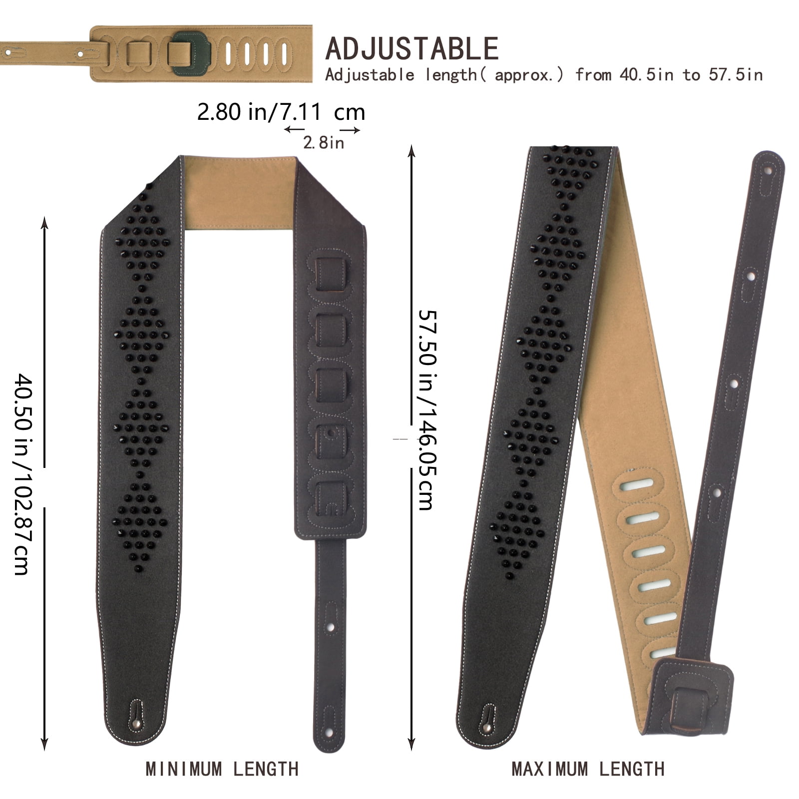 Punk Guitar Strap Microfiber Featuring Metal Studs Decorations Wide Shoulder Design Adjustable Length for Comfortable Use
