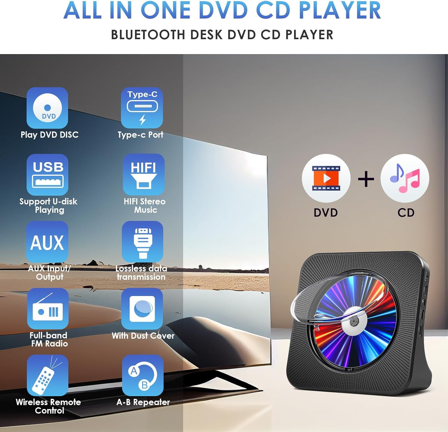 Qoosea DVD Player with remote CD Player for Home with Bluetooth Speakers  Display FM Radio with CD Player USB Card Playback 3.5 mm AUX Alarm Clock All Region Free with AV Dust Cover
