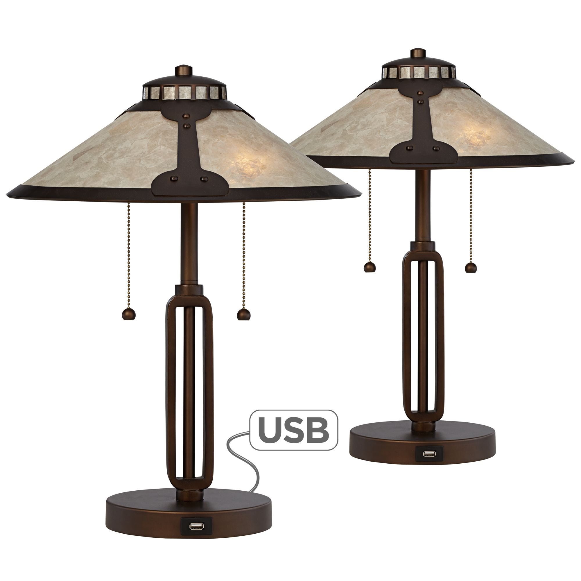 Franklin Iron Works Mission Desk Table Lamps Set Of 2 With Usb Charging Port Industrial Bronze Mica Shade For Bedroom Office