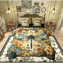 Manfei Mystic Hippie Dragonfly Bedding Comforter Set 7pcs for Kids, Rustic Groovy Floral Queen Bedding Sets, Tribal Bohemian Style Reversible Queen Sheet Sets, Breathable Home Decor