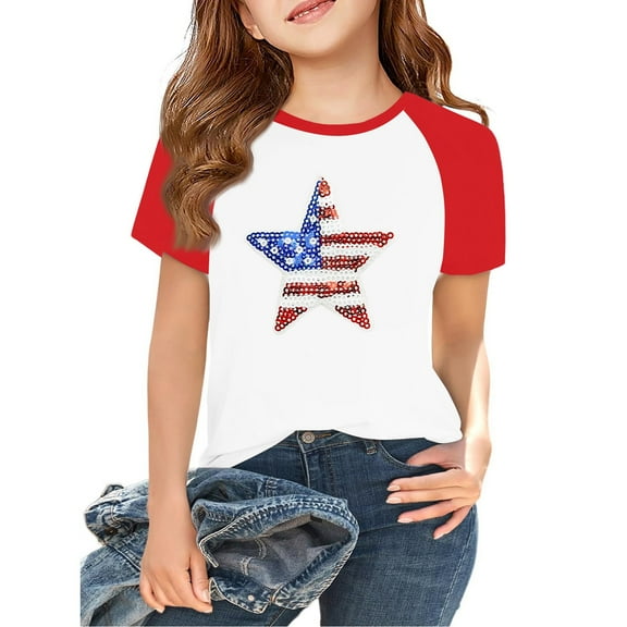 XADYUY Girls 4th Of July T-Shirts 14-16 American Flag Stars Graphic Patriotic Shirts Raglan Sleeve Crewneck Shirts Funny Independent Day Shirts 7-8 Years,Blue