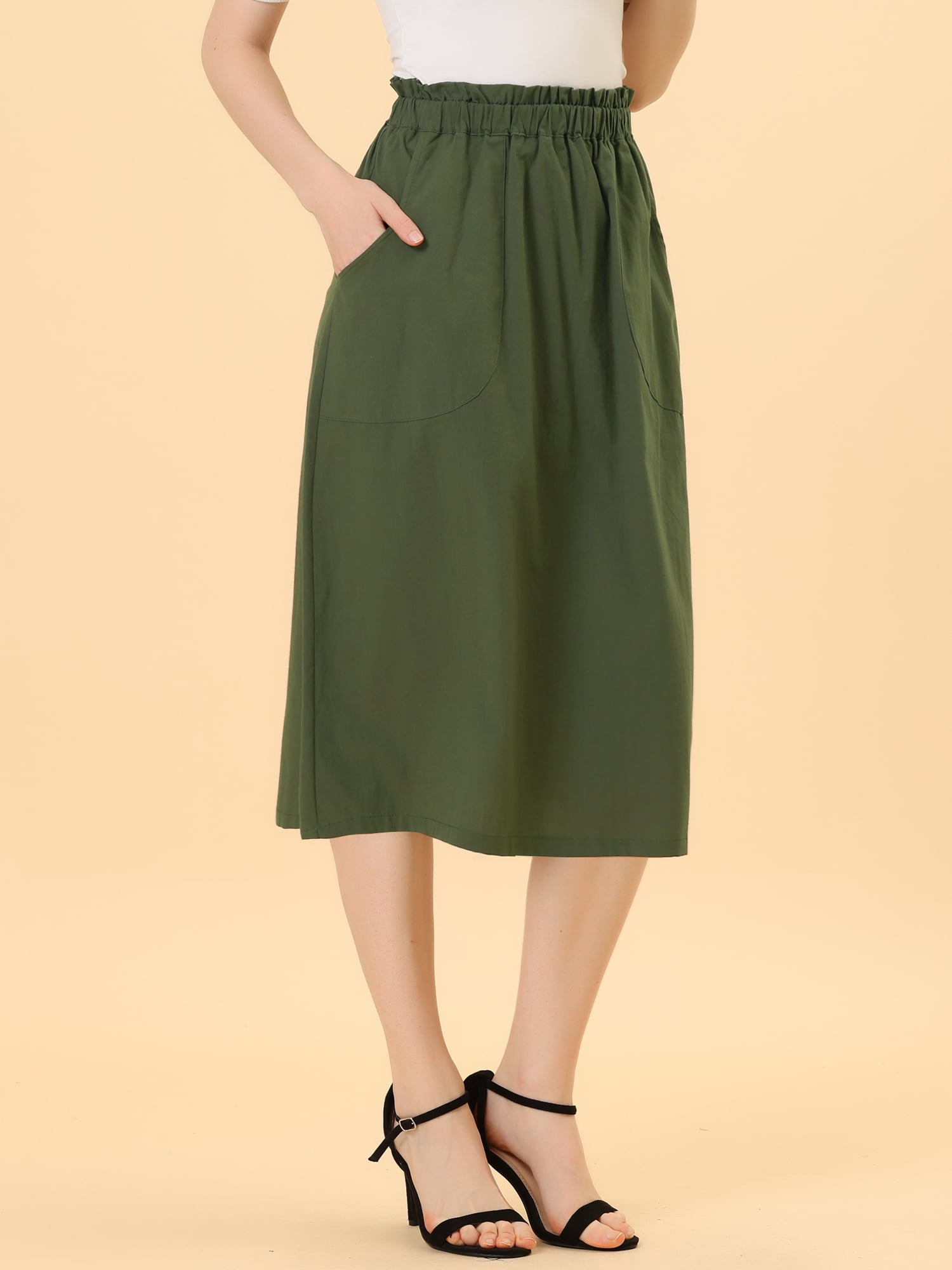 DARING DIVA Women's Cotton A-Line Midi Skirt with Pockets XS Army Green