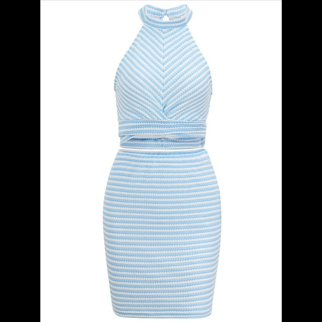 Traje de Dos Piezas Sin Mangas y Espalda Descubierta con Rayas Azules y Blancas L