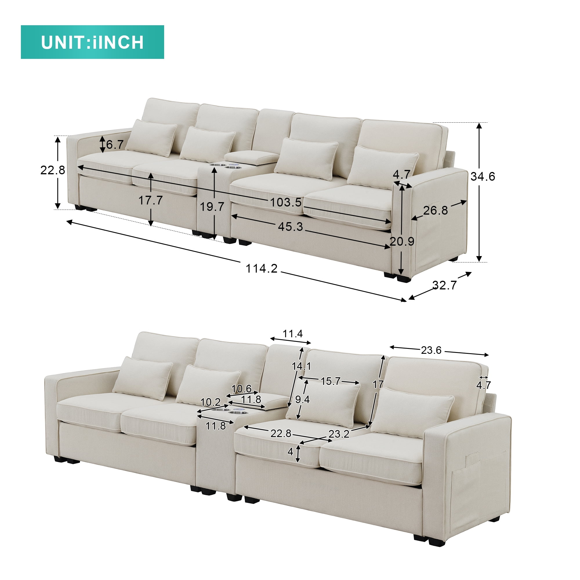 Upholstered Sectional Sofa with Console,114.2inch Modern 4 Seater Sofa Fabric Sofa with 4 Pillows and 2 Cup Holders and 2 USB Ports for Living Room, Apartment, Office,Beige