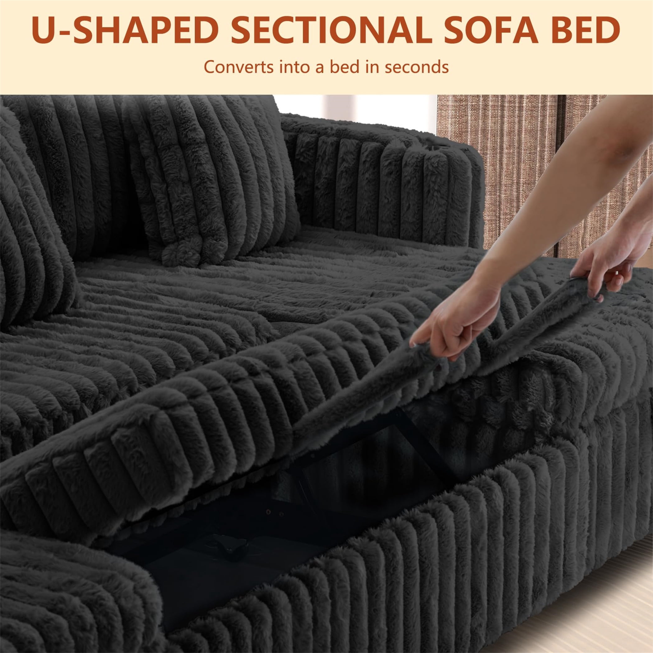Aukfa 107" U shape Sectional Convertible Sleeper Sofa Bed with USB &Cup Holder, Storage Chaise for Living Room, Corduroy, Black