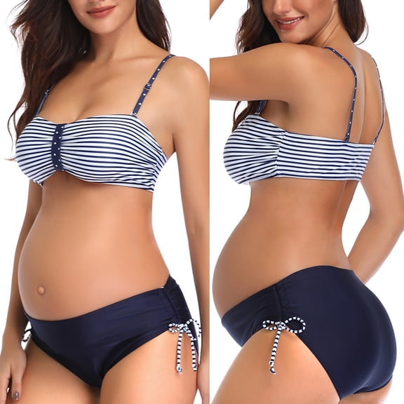 Gyujnb Striped Bandeau Maternity Bikini Adjustable Straps Side Tie High Waist Elastic Two Piece Beach Swimwear,XXL