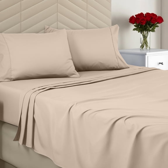King Size 4 Piece Sheet Set - Brushed Microfiber - Soft Bed Sheets for King Size Bed - Includes 1 Fitted, 1 Flat, & 2 Pillow Cases - Deep Pocket Beige