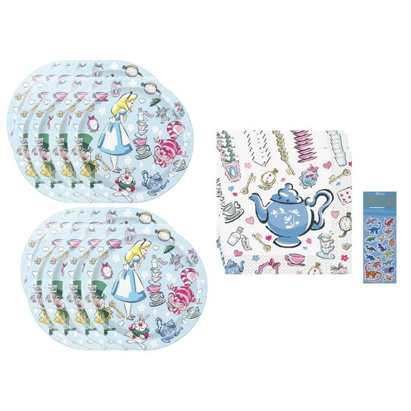 Alice in Wonderland Party Supplies Bundle for 16 Includes 16 Dessert Cake Plates and 16 Napkins
