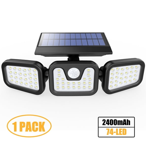 HIKE Solar Wall Lamp, 3 Head Motion Sensor Lights Adjustable 74 LED Flood Lights Outdoor Spotlights 360° Rotatable IP65 Waterproof for Porch Garden Patio Yard Garage Pathway（1 Pack）