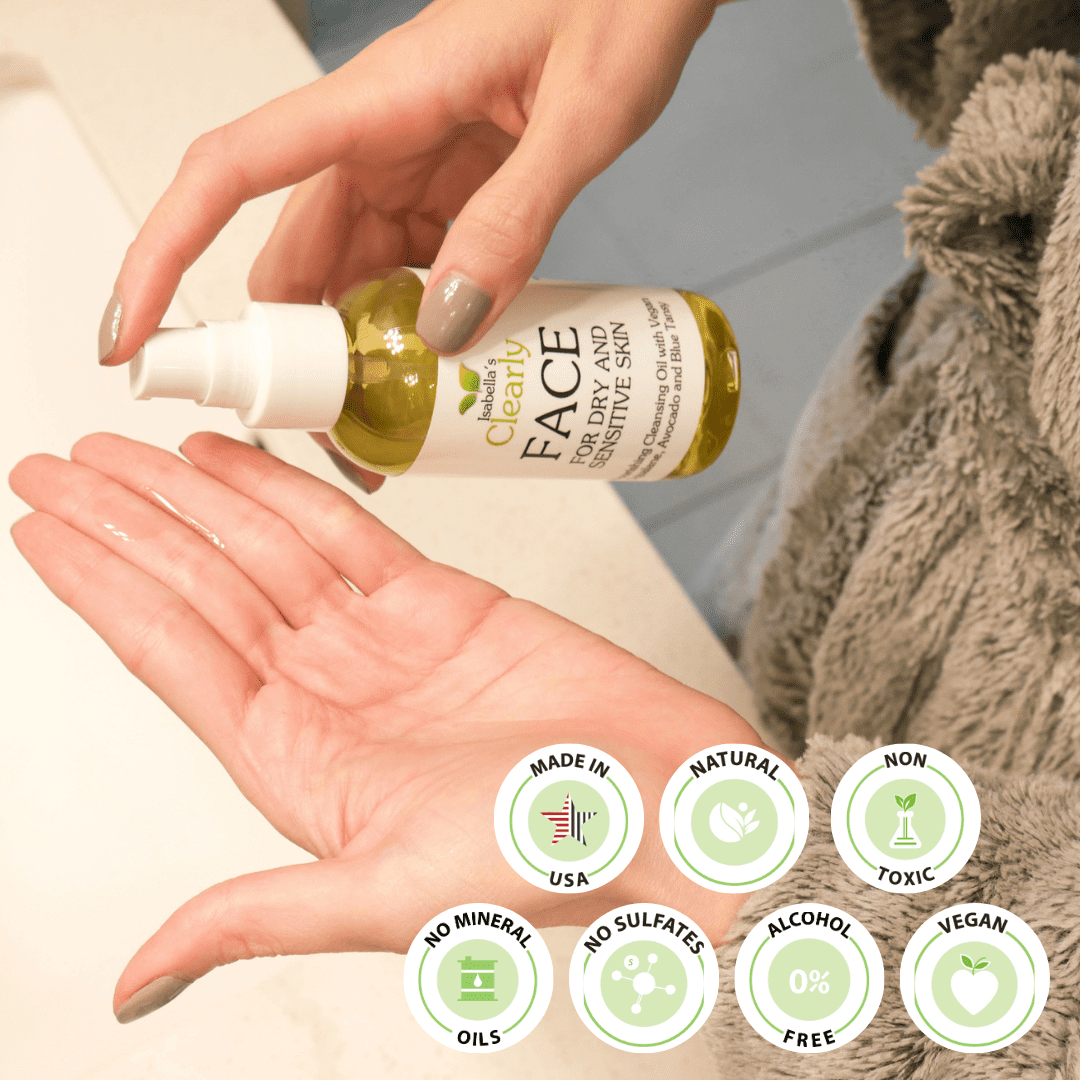 Isabella’s Clearly FACE, Natural Face Cleanser, Face Wash and Makeup Remover Oil | Deep Cleansing Oil with Anti Aging Rosehip, Avocado, Vegan Squalane | 100% Pure, Made in USA (120ml)