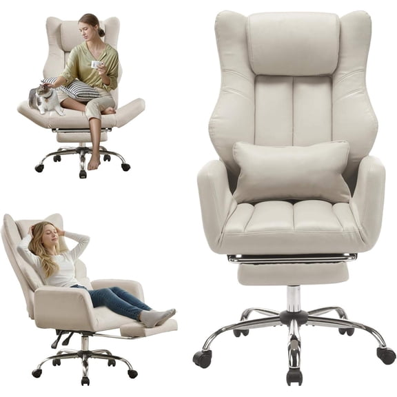 Ergonomic Cross-Legged Office Chair with Footrest, Big and Tall Executive Chair with Wheels, Reversible Armrests and Lumbar Support, 155° Reclining Wide Desk Chair for Home or Office (Beige)