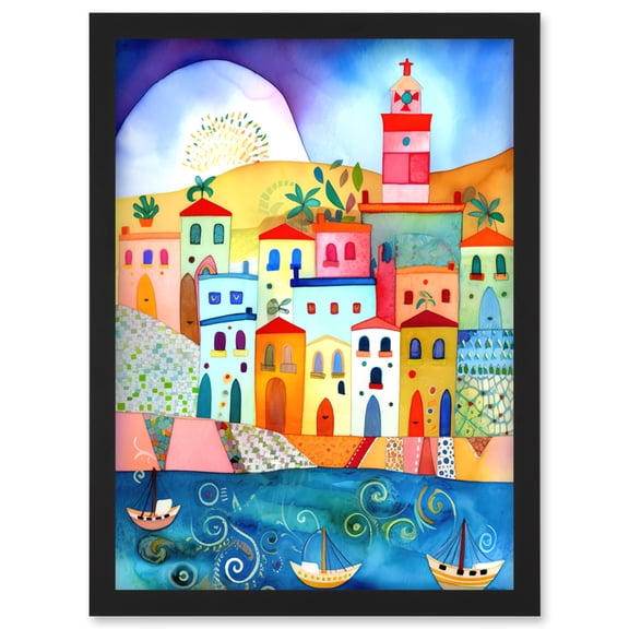 Tunisia Seaside Town Folk Art Artwork Framed Wall Art Print A4