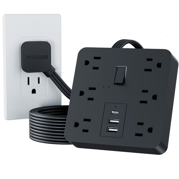 5FT Flat Plug Extension Cord, Surge Protector Power Strip with 6 Outlets and 3 USB(1 USB C), 1700J Protection Multiple Outlets Charging Station