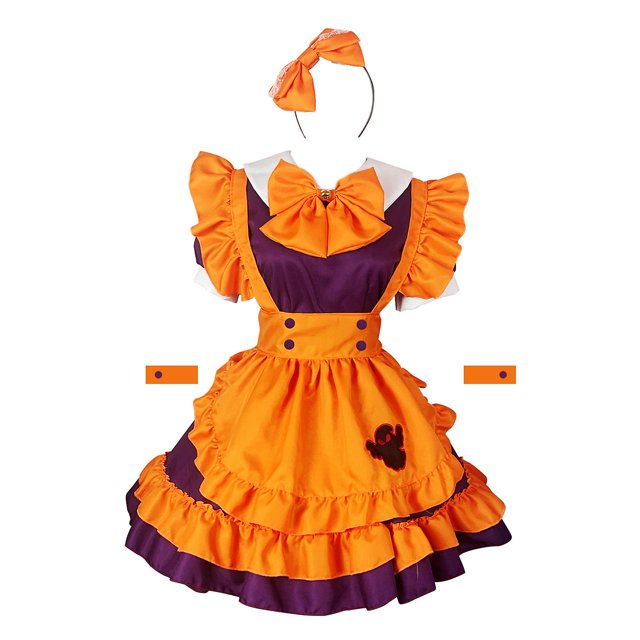 Disfraz de Halloween para mujer, traje de calabaza, uniforme de mucama, juego de rol, vestido de manga corta de anime japonés Lolita con cuello en V, XL, amarillo
