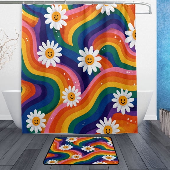 TTYFWHD 60" x 72" Shower Curtain and Bath Mat Set Rainbow-colored Waves with Daisies Waterproof Bathroom Curtain with 12 Hooks, Bathroom Decor Set