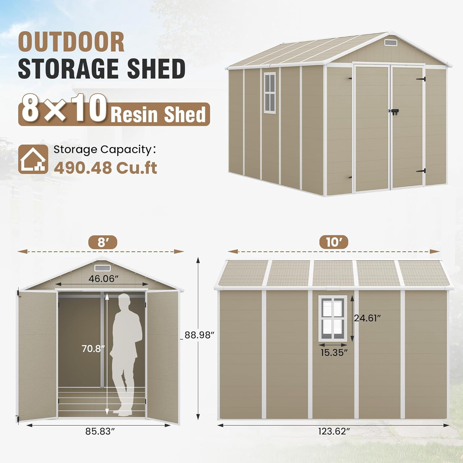 ELPOSUN Storage Shed 8 x 10 FT, Resin Outdoor Garden Sheds with Floor Plastic Patio Outdoor Storage with Lockable Door for Tool, Bike,Light Brown