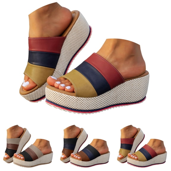 Dakaela Women's Wedge Sandals 2.76 Inch Platform Espadrille Heels Color Block Open Toe Strappy Slip on Casual Summer Slide Shoes Size 6