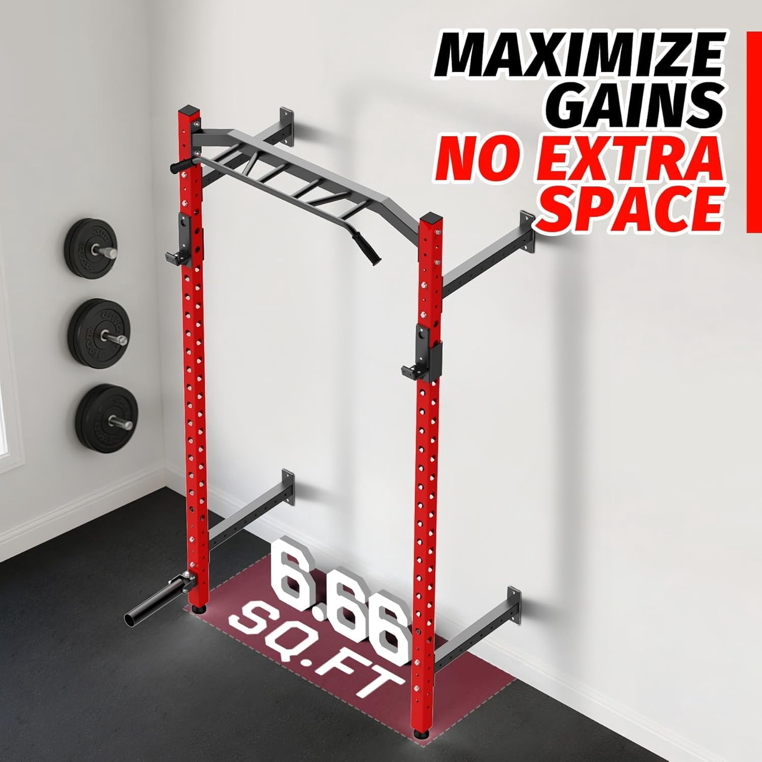 Commercial Wall Mounted Squat Rack, Heavy Duty Carbon Steel Home Gym Equipment with Multi-Grip Pull Up Bar, j-Cups & Landmine Attachment for Home and Garage Gym, Black/Red