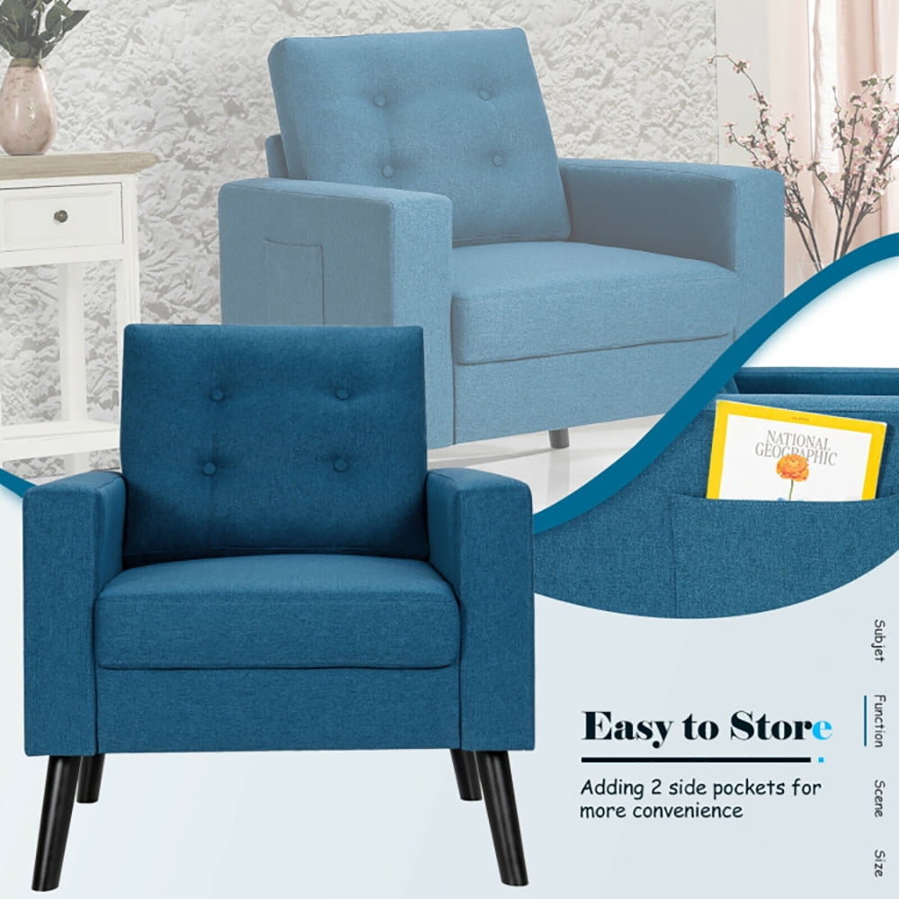 Finihen Upholstered Armchair Chair, Mid-Century Upholstered Armchair Club Chair with Rubber Wood Legs, for Living Room, Bedroom, Blue