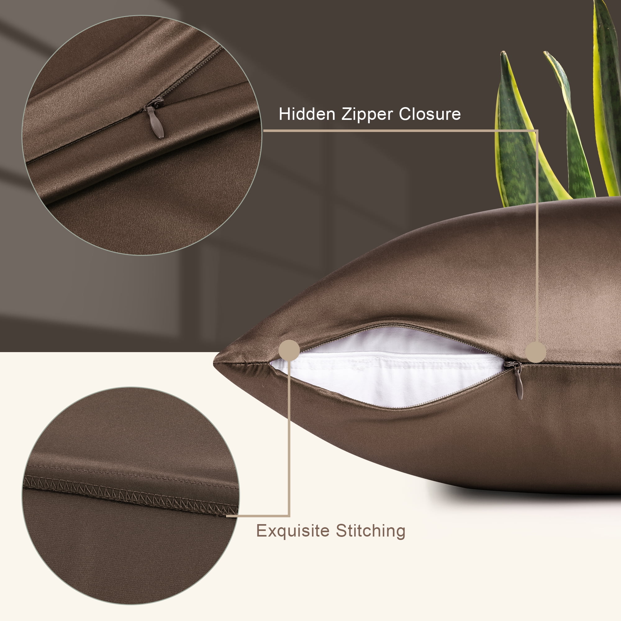 PiccoCasa 1 Pc 19 Momme Silk Pillowcase with Hidden Zipper Standard/Queen Brown