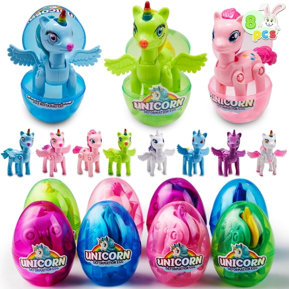 Joyfy 8 Pcs Prefilled Easter Egg with Unicorn Deformation Toys,3.5" Easter Exchange Toy for Girls Toddlers Kids,Classroom Prize Supplies,Birthday Gifts