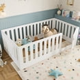 thumbnail image 4 of Jopath Twin Size Floor Bed with High Fence for Kids, Solid Wood Kids Montessori Bed with Door for Boys Girls White, 4 of 9