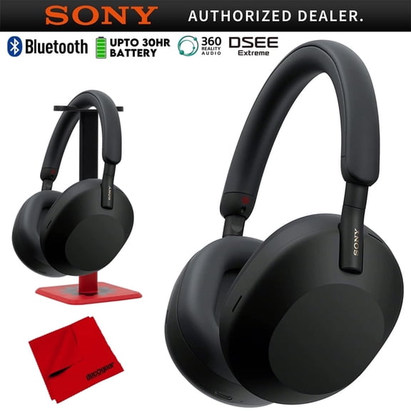 Sony WH-1000XM5 Wireless Industry Leading Noise Canceling Headphones, Black Bundle with Deco Gear Pro Audio Headphone Stand   Microfiber Cleaning Cloth