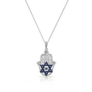 925 Sterling Silver Baguette White Blue CZ Star of David Hamsa Pendant Necklace