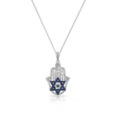 925 Sterling Silver Baguette White Blue CZ Star of David Hamsa Pendant Necklace