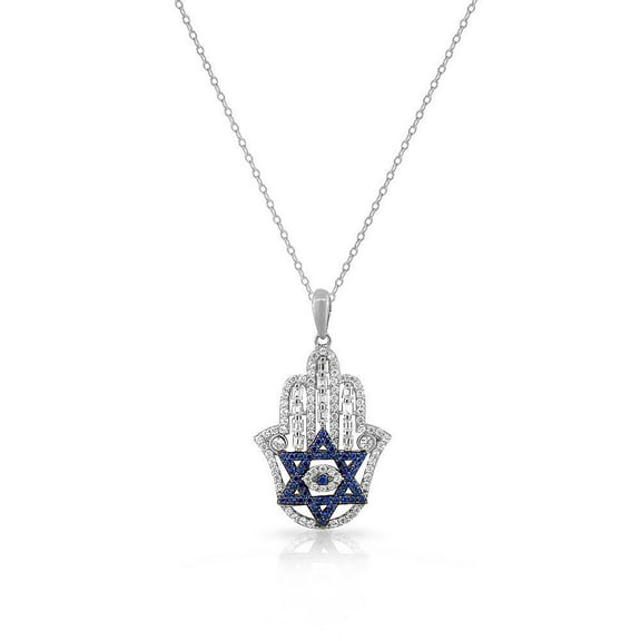 925 Sterling Silver Baguette White Blue CZ Star of David Hamsa Pendant Necklace